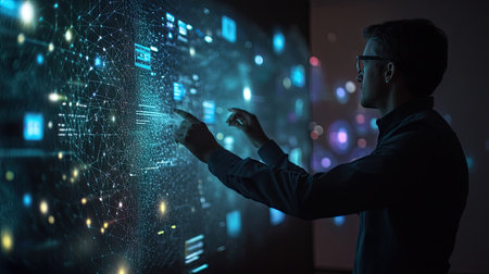 A professional interacting with floating D network interfaces projected in front of a virtual backdropの素材