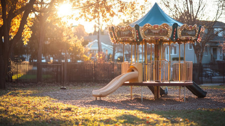 A playground carousel with a slide nearby, bathed in warm afternoon sunlight in a yardの素材