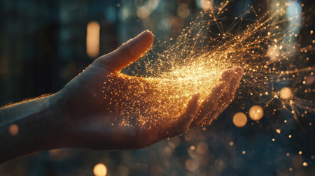 A professional activating a glowing D holographic network in mid-air on a minimalist blurred backgroundの素材