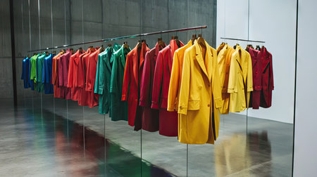 A rail of colorful coat suits placed against a full-length mirror, reflecting the vibrant huesの素材