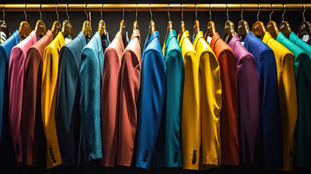 A vibrant collection of coat suits hanging on a wooden hanger rail with a spotlight illuminating the fabricsの素材