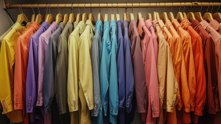 A rack of multicolored suits, perfectly aligned on wooden hangers in a high-end fashion studioの素材