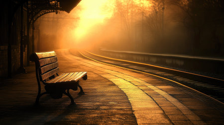 A single bench on a deserted platform, with train tracks curving into the distance and a soft golden sunset overheadの素材