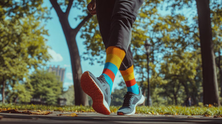 A sporty look featuring bold athletic socks and sneakers, worn by a man jogging in a parkの素材