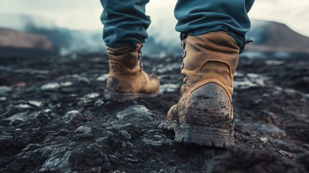Boots treading on a volcanic trail with black ash and rugged terrain underfootの素材