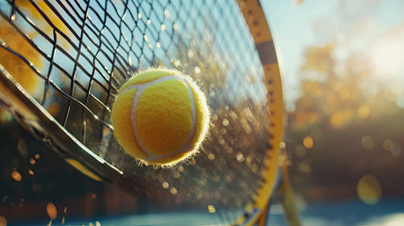 A tennis ball mid-spin on a racket's strings, captured against the backdrop of a sunny courtの素材
