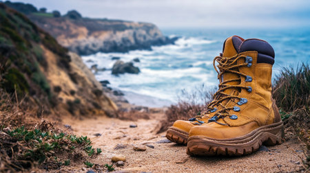 Boots on a sandy trail along a rugged coastline, with waves crashing in the backgroundの素材