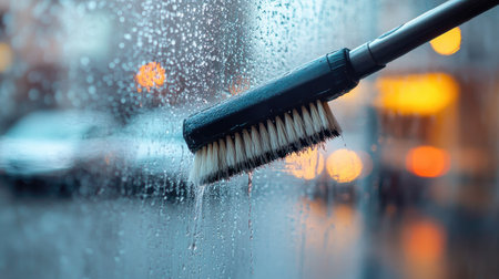 Close-up of a telescopic water brush scrubbing a glass window, with soap suds streaming downの素材