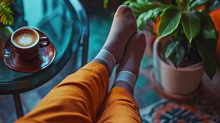 A relaxed setting of a man wearing solid-colored socks with rolled-up chinos, enjoying a cup of coffeeの素材