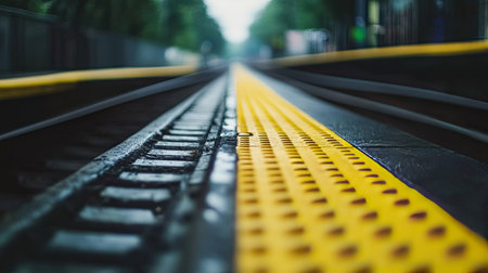 Close-up of an empty train platform edge, yellow safety line visible, with tracks stretching into the blurry distanceの素材