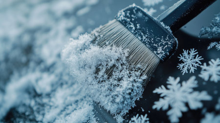 Close-up of a snow brush clearing frost and snow from a car windshield, with detailed snowflakes clinging to the bristlesの素材