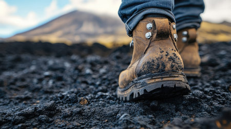 Boots treading on a volcanic trail with black ash and rugged terrain underfootの素材