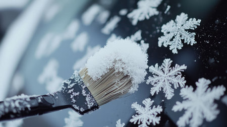 Close-up of frosty snowflakes clinging to a car windshield as a brush sweeps across the surfaceの素材