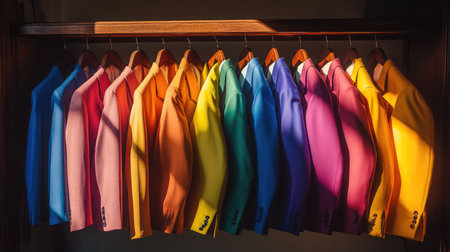 A symmetrical arrangement of colorful suits on a wooden rail, showcasing gradients from light to dark tonesの素材