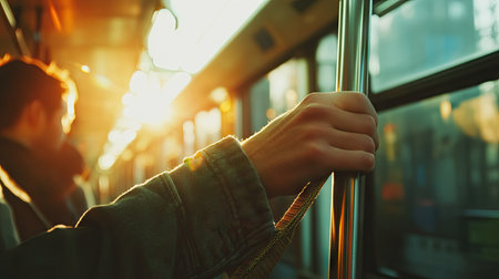 Close-up of a young man's hand on a subway strap, with bright summer daylight streaming through the windowsの素材