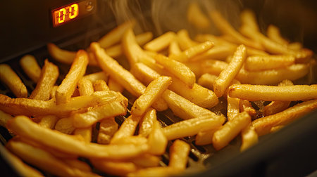 Close-up of an air fryer basket being slid out, filled with perfectly cooked golden fries, the digital display activeの素材