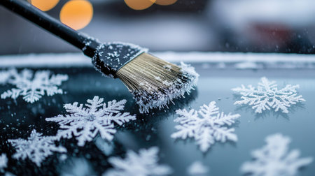 Close-up of frosty snowflakes clinging to a car windshield as a brush sweeps across the surfaceの素材