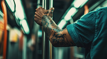 Close-up on a hand gripping a subway handle, tattooed forearm visible, reflecting individuality in an urban commuteの素材