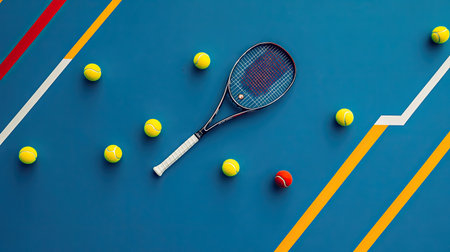 A tennis racket and balls arranged neatly in the center of a hard court, surrounded by painted linesの素材
