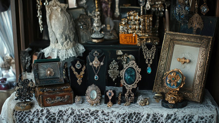 A vintage-style counter with ornate jewelry pieces, including brooches and lockets, on lace fabricの素材