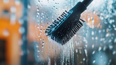 Close-up of a telescopic water brush scrubbing a glass window, with soap suds streaming downの素材