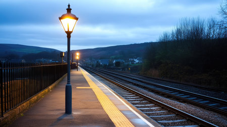 A single lamppost illuminating a quiet outdoor platform at dusk, with train tracks vanishing into the horizonの素材