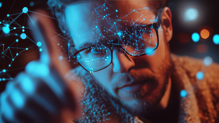 A professional pointing at flying D rendered lines and nodes, with digital patterns reflected in his glassesの素材