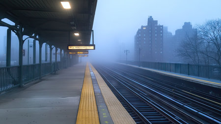 Early morning mist enveloping an empty outdoor train platform, with faint outlines of tracks and station signsの素材