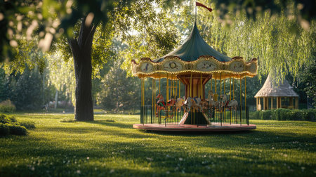 A simple round carousel in a grassy yard, with a treehouse visible in the backgroundの素材