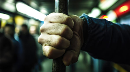 Close-up of a man's hand firmly gripping a subway train handle during a busy commute, blurred passengers in the background, natural light streaming inの素材