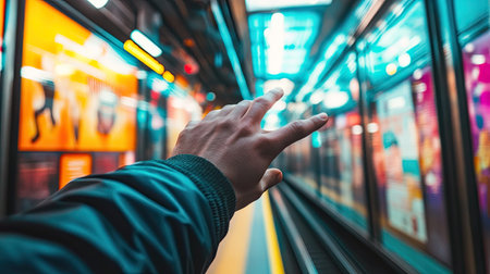 Casual man's hand in a hoodie gripping a subway train loop, with colorful advertisements in the backgroundの素材
