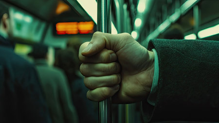 Close-up of a man's hand firmly gripping a subway train handle during a busy commute, blurred passengers in the background, natural light streaming inの素材