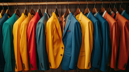 Colorful suits in various shades, from vibrant yellow to classic navy, neatly arranged on wooden hangersの素材