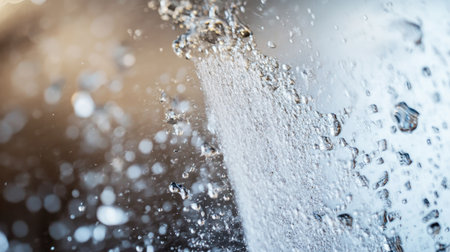 Close-up of water streaming from a telescopic brush head, clearing dirt from a window, detailed reflections visibleの素材
