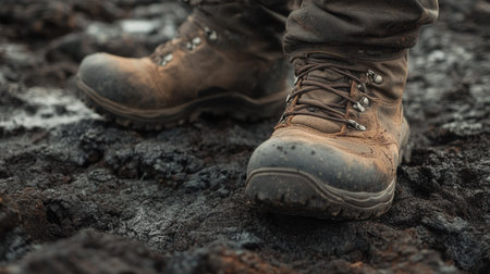 Boots treading on a volcanic trail with black ash and rugged terrain underfootの素材