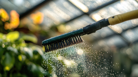 Detail of a telescopic water brush cleaning dirt and grime off a greenhouse roof, water droplets creating a sparkling effectの素材