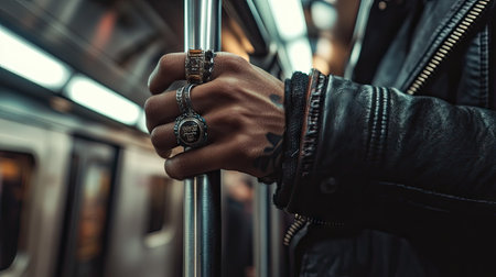 A young man's hand gripping a subway handle with urban fashion details like rings and bracelets visibleの素材