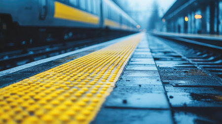 Close-up of an empty train platform edge, yellow safety line visible, with tracks stretching into the blurry distanceの素材