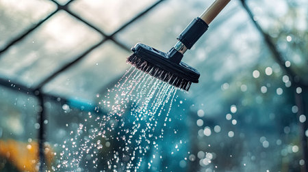 Detail of a telescopic water brush cleaning dirt and grime off a greenhouse roof, water droplets creating a sparkling effectの素材