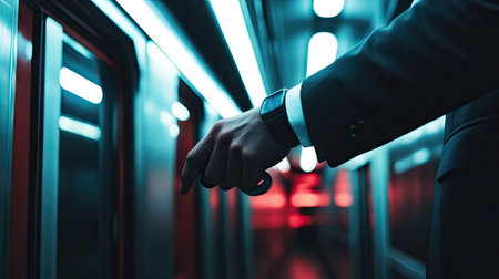 Hand of a businessman in a suit clutching a subway handle, the interior modern and sleek with dim fluorescent lightingの素材