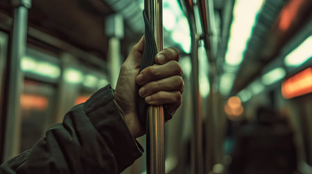 Hand clutching a subway strap tightly during rush hour, overhead lighting casting a dramatic shadow on the handの素材