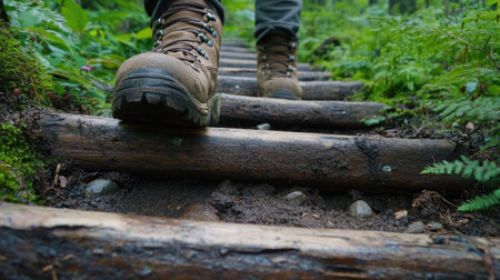 Hiking boots making their way up a trail lined with wooden steps and surrounded by lush greeneryの素材