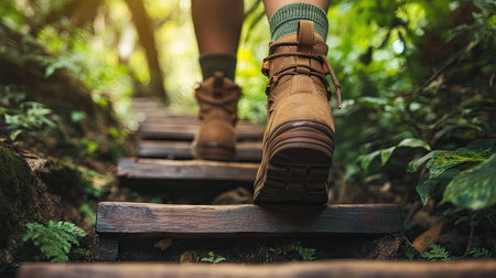 Hiking boots making their way up a trail lined with wooden steps and surrounded by lush greeneryの素材