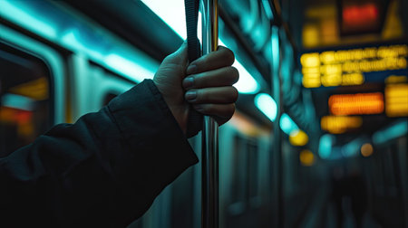 Hand clutching a subway strap tightly during rush hour, overhead lighting casting a dramatic shadow on the handの素材