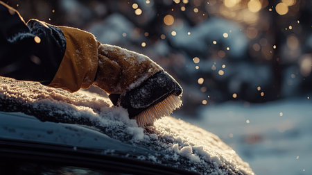 Gloved hands gripping a snow brush and clearing snow from a car, with soft light reflecting off the snowy groundの素材