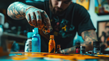 Action shot of a tattoo artist tilting an ink bottle over a cap, with vibrant colors dominating the sceneの素材