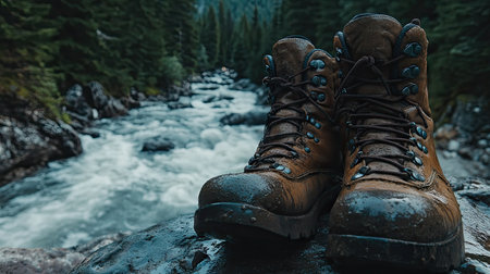 Mud-splattered hiking boots resting on a rock near a flowing mountain stream in the wildernessの素材