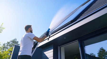 Telescopic water brush with adjustable angles being used to clean a slanted skylight on a contemporary houseの素材