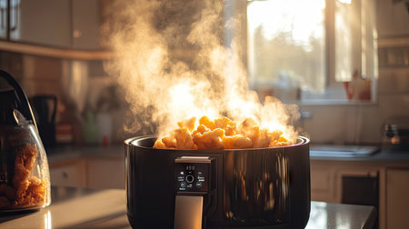 Side view of a digital air fryer on a countertop, emitting light steam as crispy snacks emerge from the basketの素材