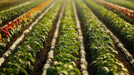 Rows of colorful hydroponic bell peppers in a greenhouse plantation, the vibrant hues contrasting against green leavesの素材
